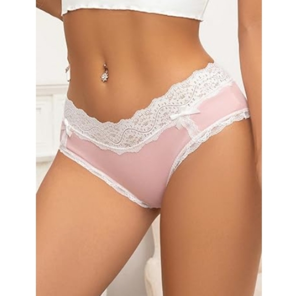 💋Sexy Low Rise Bow Sexy Lace Panties Colorblock Cheeky Underwear Pink & White